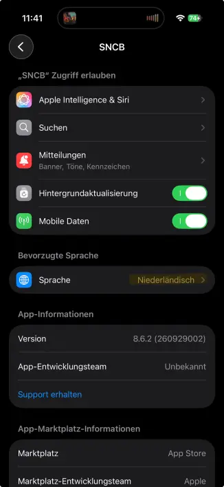 SNCB app. Preferred language set to Dutch in the iOS system settings app, but my system language is German so it reads "Bevorzugte Sprache: niederländisch"