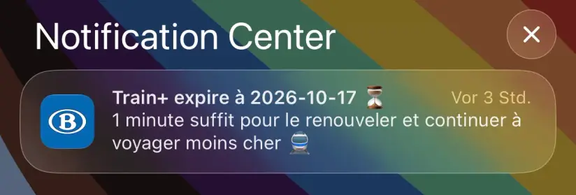 Notification from the SNCB app that my Train+ expires soon. The notification is in French.