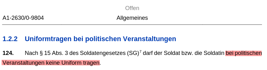 Ein Screenshot von Zentralvorschrift A1-2630/0-9804 der Bundeswehr:

1.2.2 Uniformtragen bei politischen Veranstaltungen
124. Nach § 15 Abs. 3 des Soldatengesetzes (SG)7 darf der Soldat bzw. die Soldatin bei politischen Veranstaltungen keine Uniform tragen.