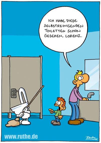 Ein Vater mit seinem Sohn in einer öffentlichen Toilette. Der Vater sagt "Ich habe diese selbstreinigenden Toiletten schon gesehen, Lorenz." während der Junge fassungslos auf eine Toilette mit Armen und Beinen zeigt, die den Boden wischt.