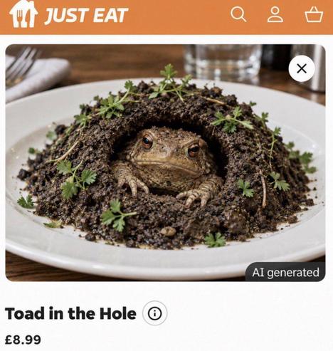 a screenshot of what suggests to be the Just Eat website / application with an image of a toad emerging from a mound of dirt - the title is 'toad in the hole' and the price is £8.95