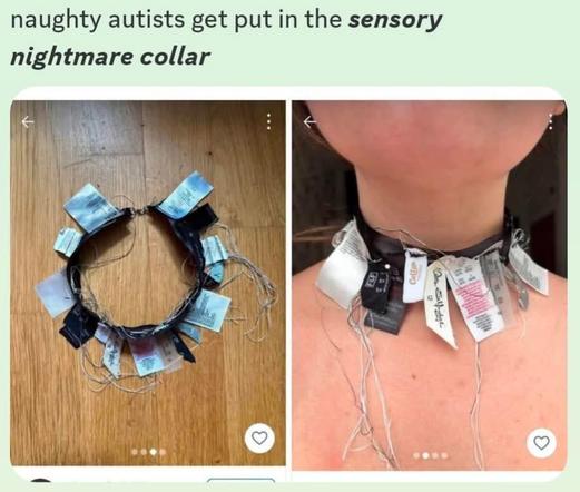 Two pictures of a collar assembled exclusively from those plastic textile labels they put inside clothing. Once, the collar is on a table. The other time, it is around a person's neck.
The images are titled "naughty autistics get put in the sensory nightmare collar".