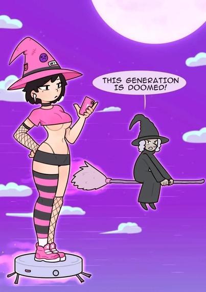 A gen Z witch on a roomba as a broom half naked vs a old hag saying "This generation is doomed".