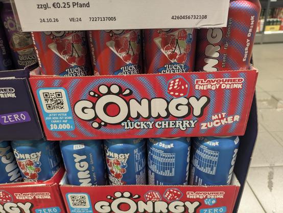 the "lucky cherry"-flavored energy drinks up close
